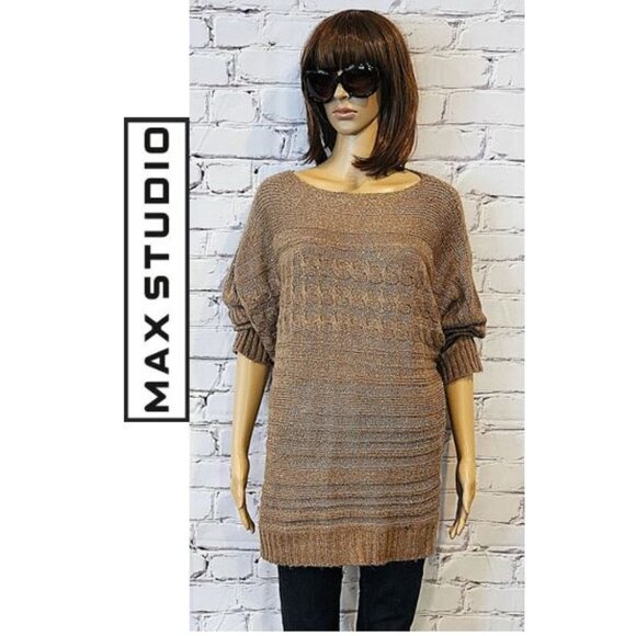 MAX STUDIO, Tan cable knit tunic sweater with metallic threading - Picture 3 of 9